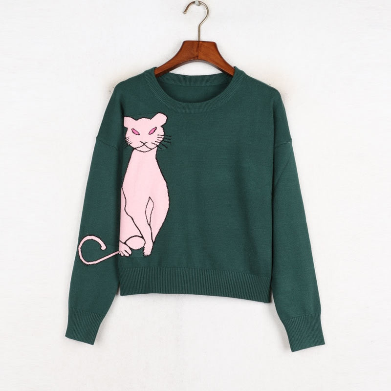 Fashion Women's Sweaters Cute Cartoon Cat 2018 Autumn Designer High Street Female Pullover Lady's Knitted Clothes O-neck Jumper