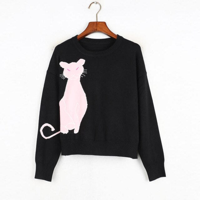 Fashion Women's Sweaters Cute Cartoon Cat 2018 Autumn Designer High Street Female Pullover Lady's Knitted Clothes O-neck Jumper