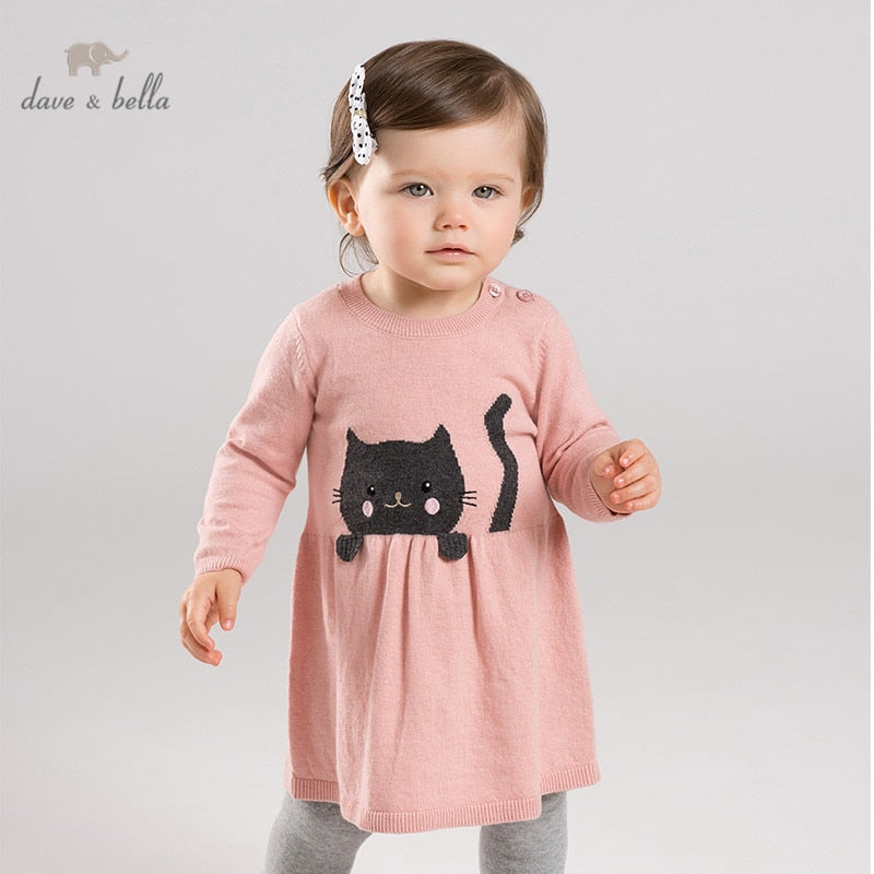 DBM11405 dave bella autumn baby girl's princess cute cat sweater dress children fashion party dress kids infant lolita clothes