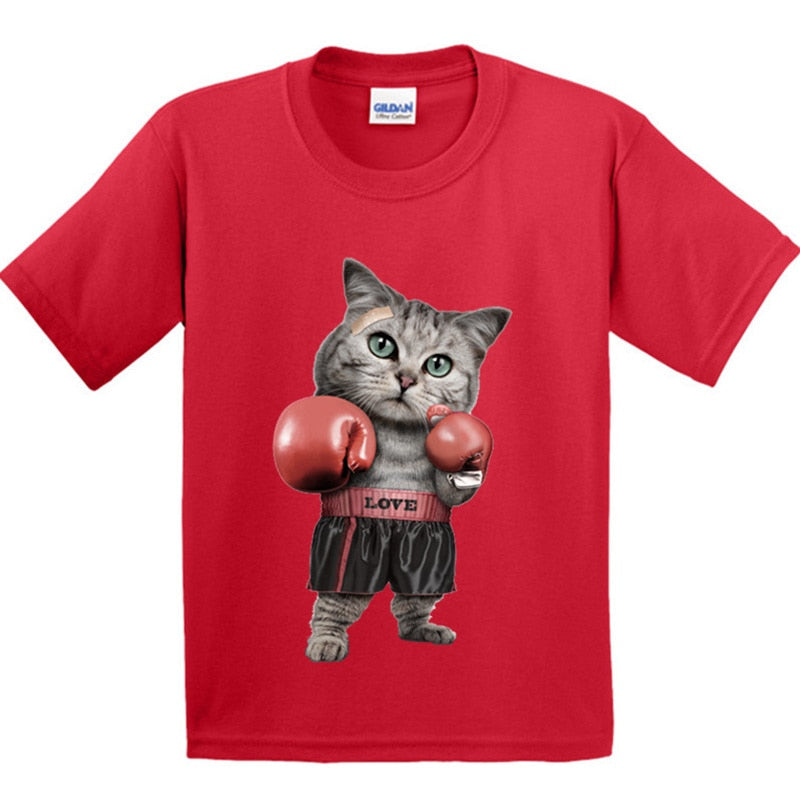 100% Cotton,Children Puglism Strong Boxer Cat Design Funny T-Shirt Kids Fashion Tops T shirt Boys/Girls Casual Clothes 3T-9T