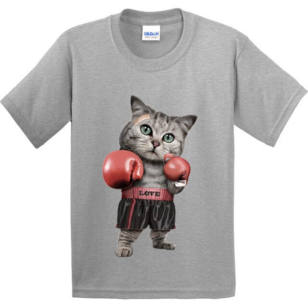 100% Cotton,Children Puglism Strong Boxer Cat Design Funny T-Shirt Kids Fashion Tops T shirt Boys/Girls Casual Clothes 3T-9T