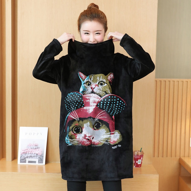 P Ammy winter Warm Large size Cat Patterned Sweatshirts dress Ladies clothes fashion plus velvet Hooded Long sleeve Pullovers