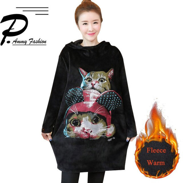 P Ammy winter Warm Large size Cat Patterned Sweatshirts dress Ladies clothes fashion plus velvet Hooded Long sleeve Pullovers