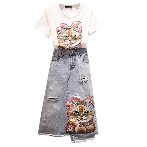 2019 New Fashion Women Sequinss Cat Print T-Shirt+Jeans Skirt Two-piece Student Girls Casual Denim Skirt Suit Clothes Set Suits