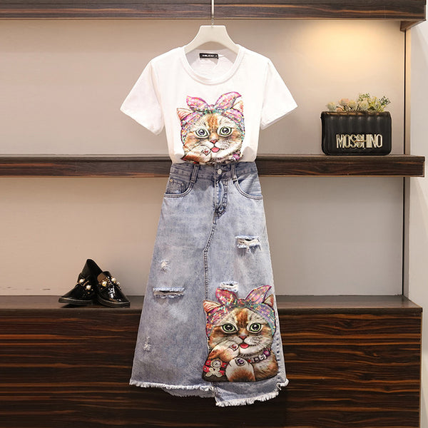 2019 New Fashion Women Sequinss Cat Print T-Shirt+Jeans Skirt Two-piece Student Girls Casual Denim Skirt Suit Clothes Set Suits