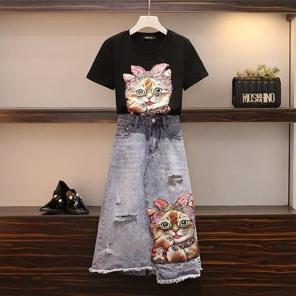 2019 New Fashion Women Sequinss Cat Print T-Shirt+Jeans Skirt Two-piece Student Girls Casual Denim Skirt Suit Clothes Set Suits