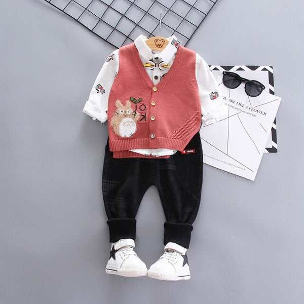 1-4Yrs Children Fashion Set Boy Printing Tie Long Sleeve Cat Shirt Kids Vest Trousers Three-piece Suit child Clothes Autumn