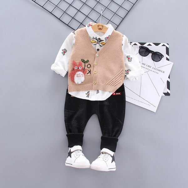 1-4Yrs Children Fashion Set Boy Printing Tie Long Sleeve Cat Shirt Kids Vest Trousers Three-piece Suit child Clothes Autumn