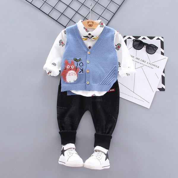 1-4Yrs Children Fashion Set Boy Printing Tie Long Sleeve Cat Shirt Kids Vest Trousers Three-piece Suit child Clothes Autumn