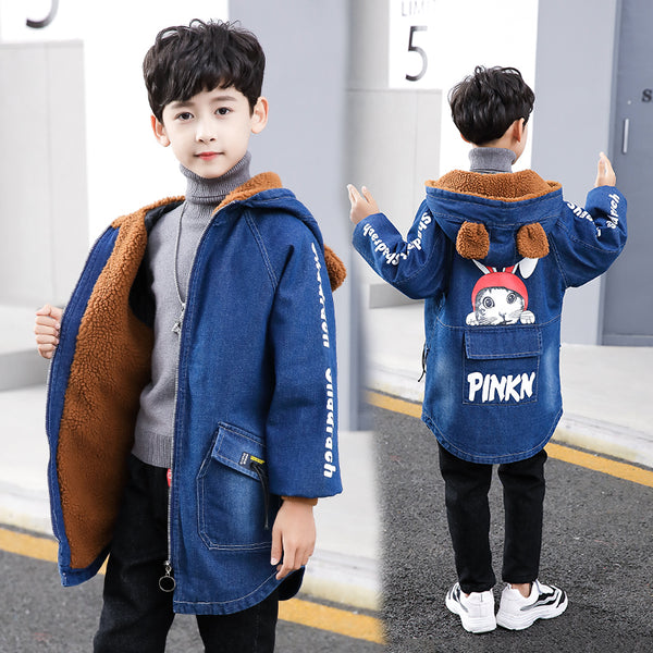 Winter Boys velvet denim coat Children Clothes cat printed back Kids jeans coat boys Hooded Jackets boys Clothes 6 8 10 12 Years