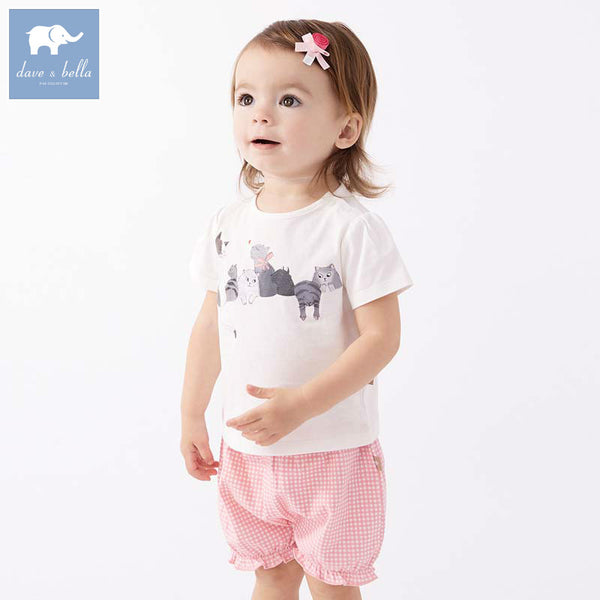 Dave bella summer baby clothing sets children lovely cats print suits toddler infant high quality clothes girls outfit