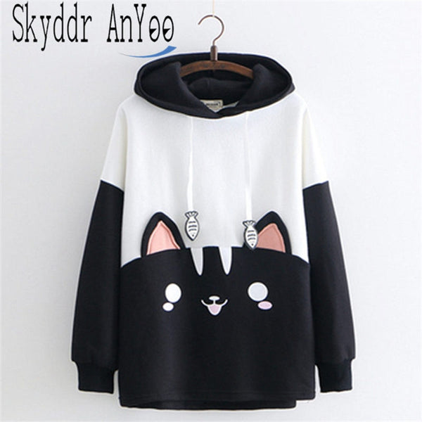 2019 Japanese Kpop Women Hoodies Cute Pullover Sweatshirt Autumn Fashion Harajuku Lolita Black Cat Graphic Kawaii Hooded Clothes