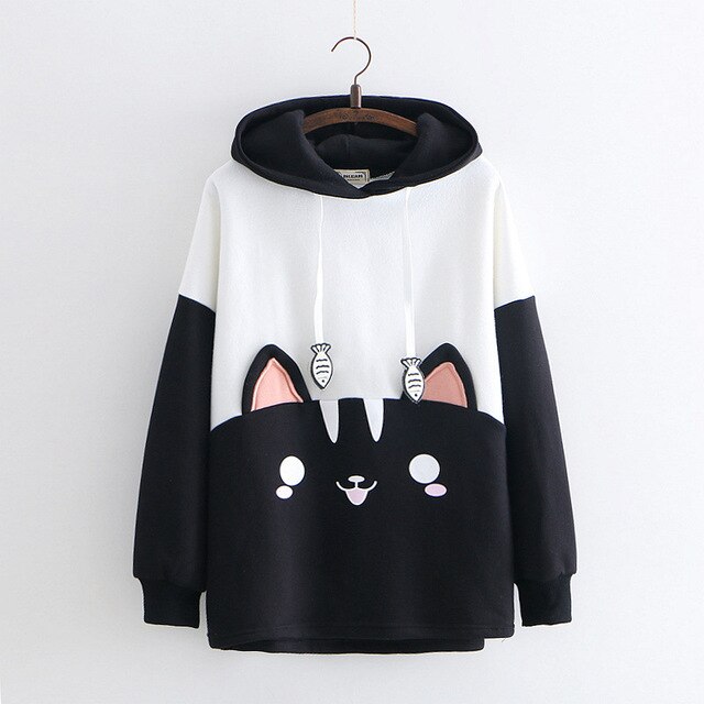 2019 Japanese Kpop Women Hoodies Cute Pullover Sweatshirt Autumn Fashion Harajuku Lolita Black Cat Graphic Kawaii Hooded Clothes