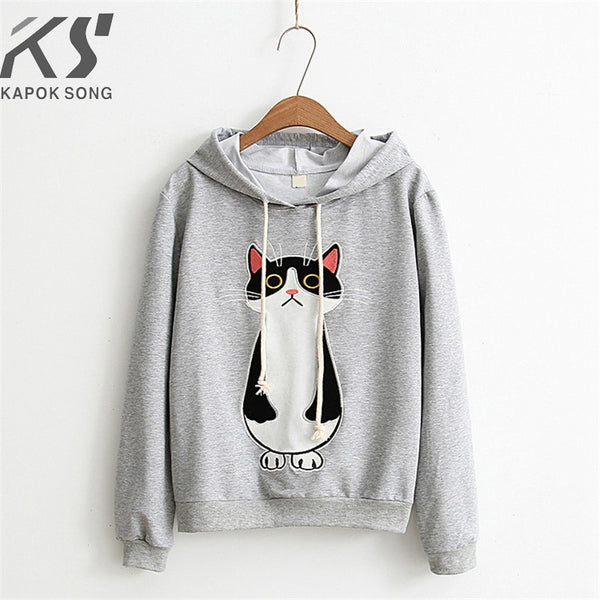 women hoodies cat cartoon long sleeve  hoody ladies dress cotton fashional  pullovers cotton hoody regular avarage size clothes