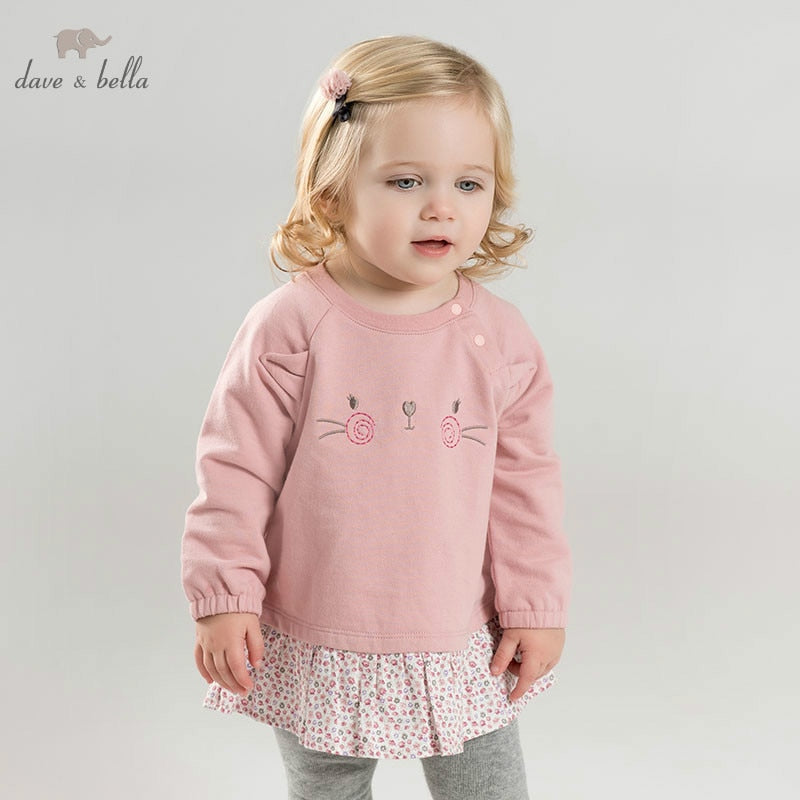 DBM9438 dave bella baby girls autumn infant baby fashion t-shirt toddler top children high quality tees pink cat lovely clothes