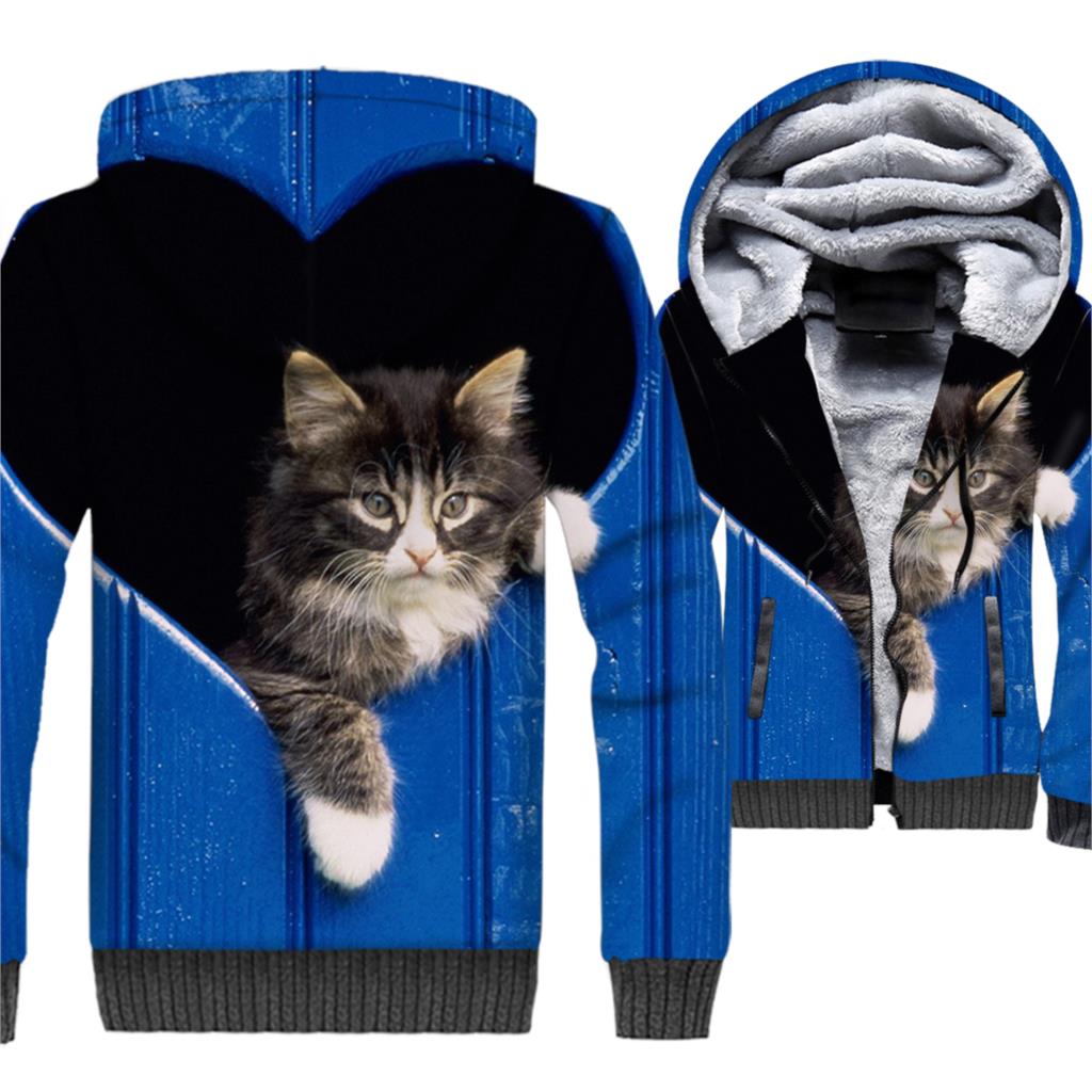 men jackets coats cute cat 3D print hoodies 2019 winter wam wool liner brand jackets fashion male thick zipper hip-hop clothes